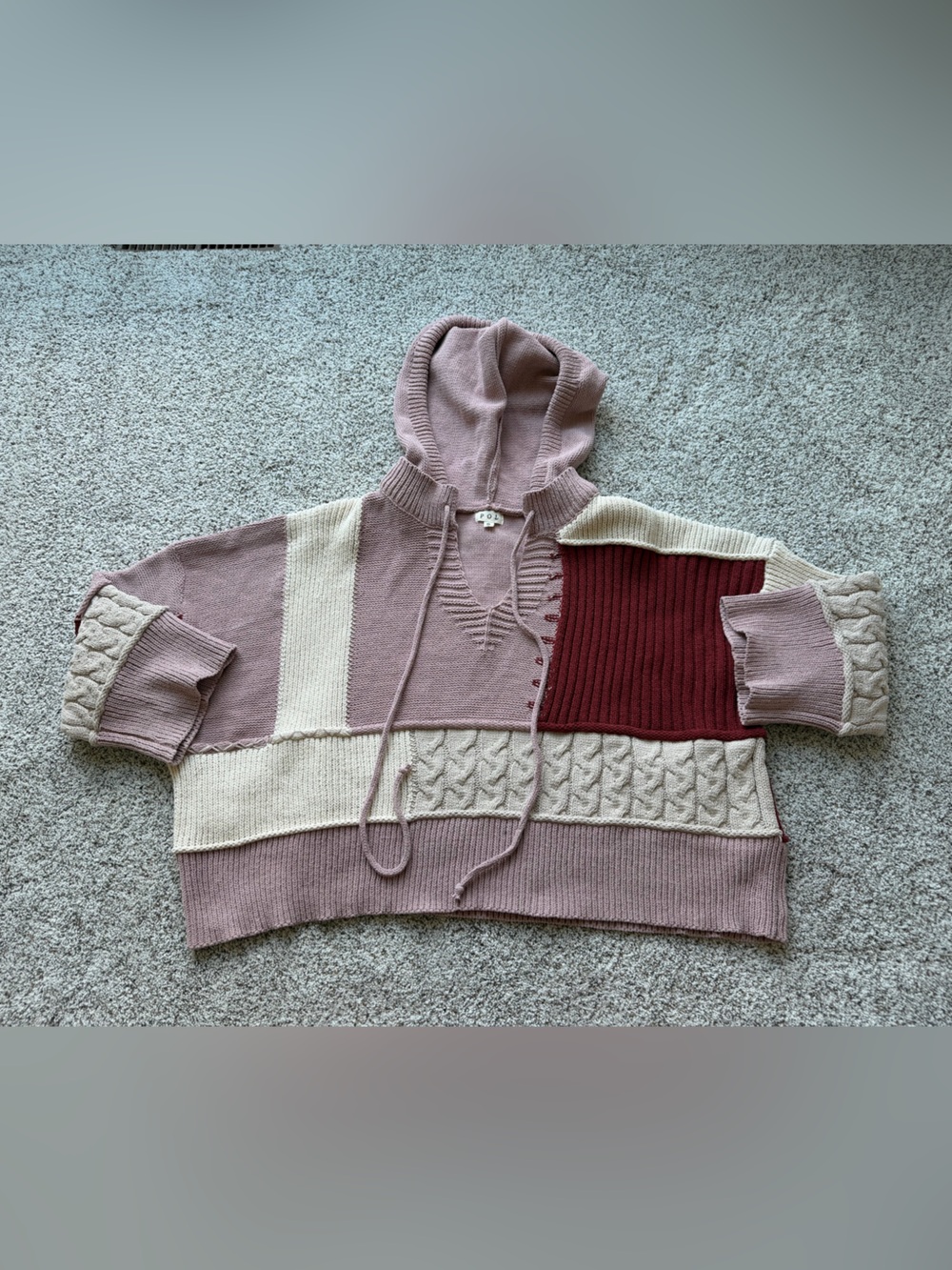 POL Patchwork Cable Knit Hooded Sweater Boho Oversized Small - Picture 5 of 12